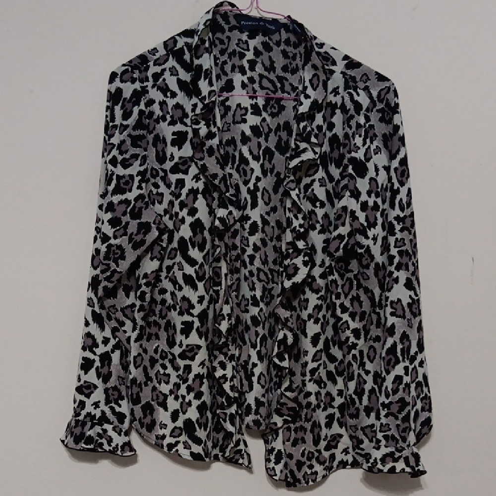 Preston & York Black and White Leopard Print Ruffle Button-Down Shirt